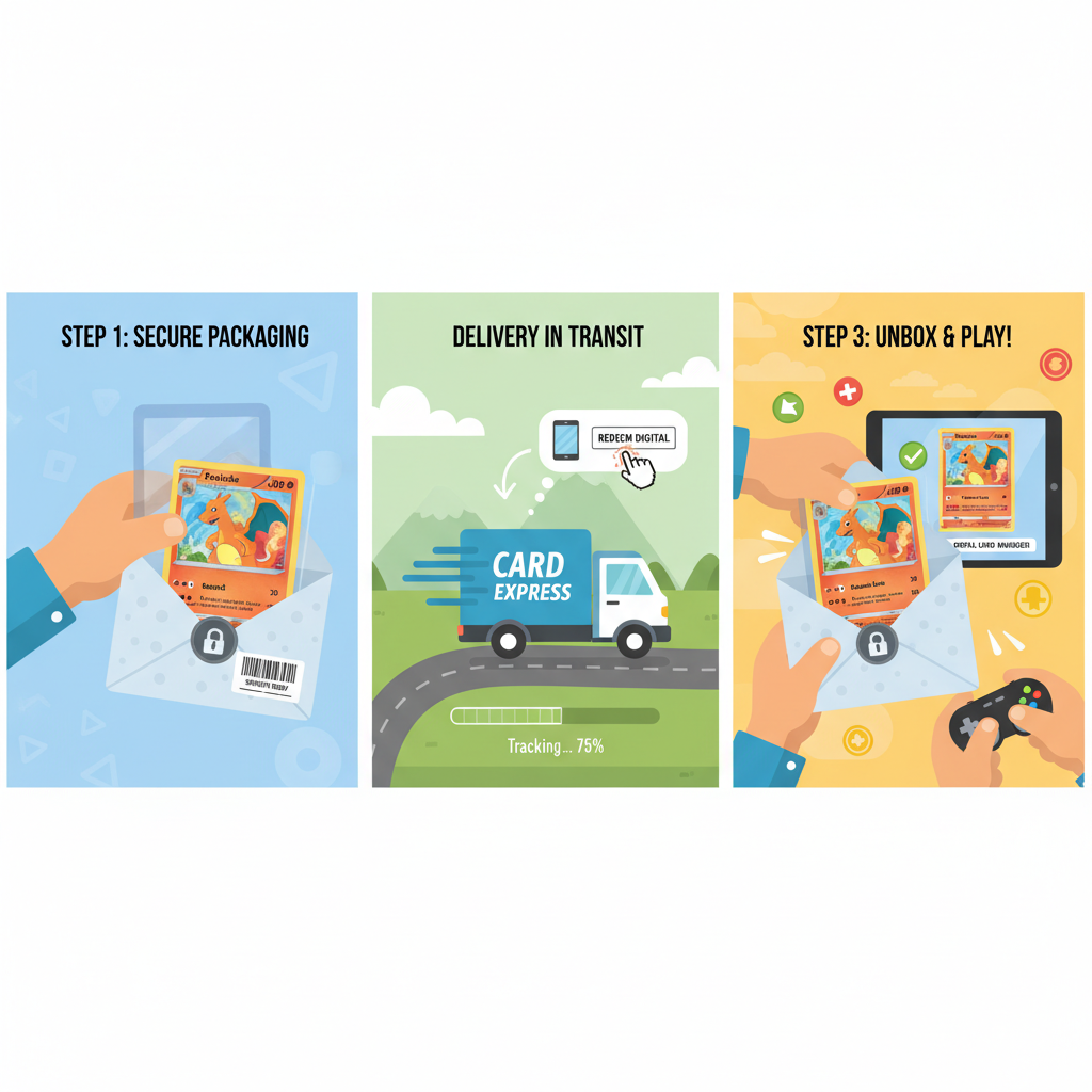 Physical Pokemon card being shipped in secure packaging, redemption process illustration, delivery truck