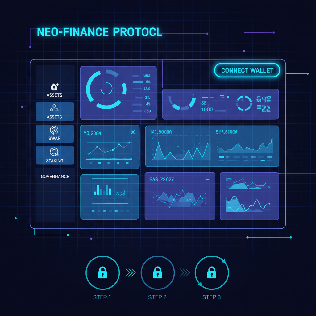 sleek web interface with wallet connect button glowing blue, futuristic DeFi dashboard, cyberpunk aesthetic