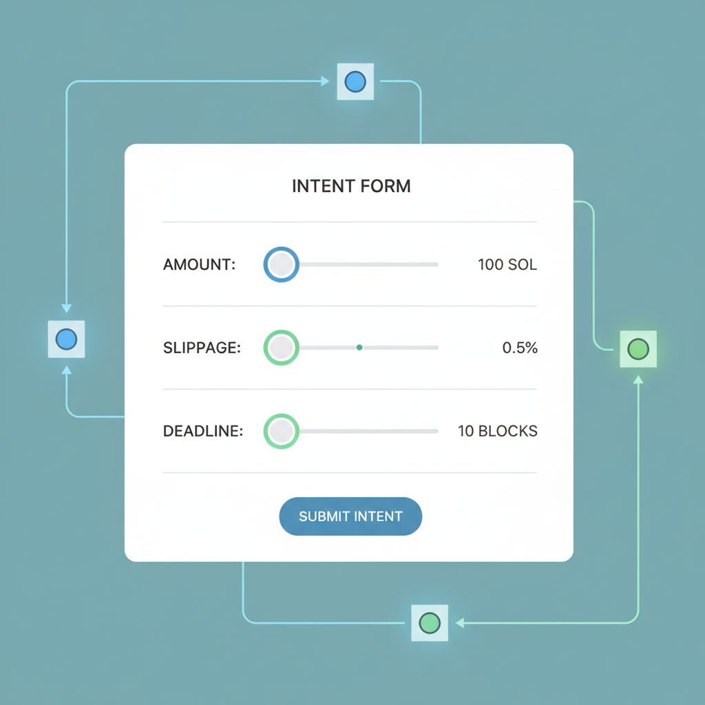 intent form with sliders for amount slippage deadline, sequencer nodes pulsing in background, data flow diagram