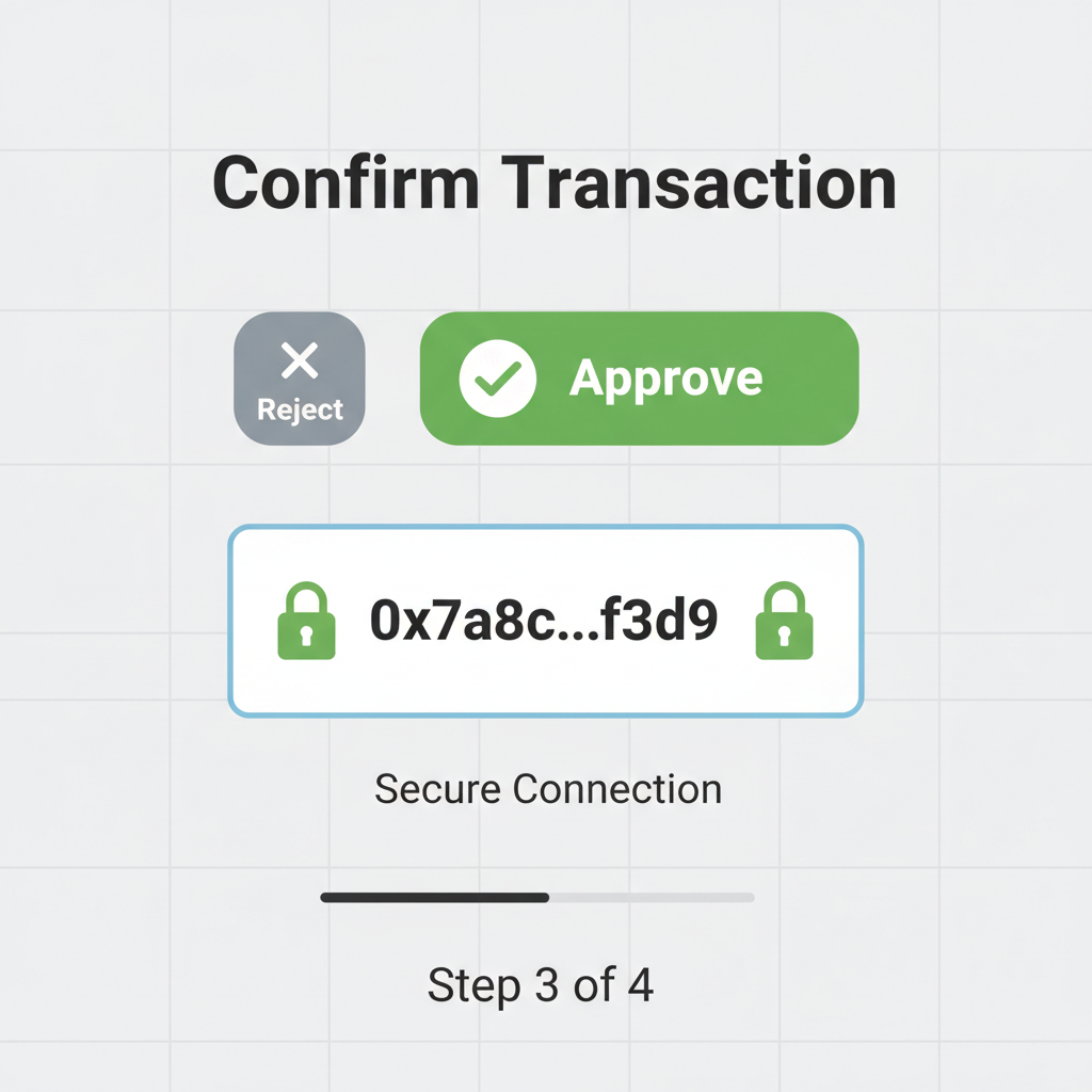 confirmation screen with green approve button, transaction hash preview, secure lock icons