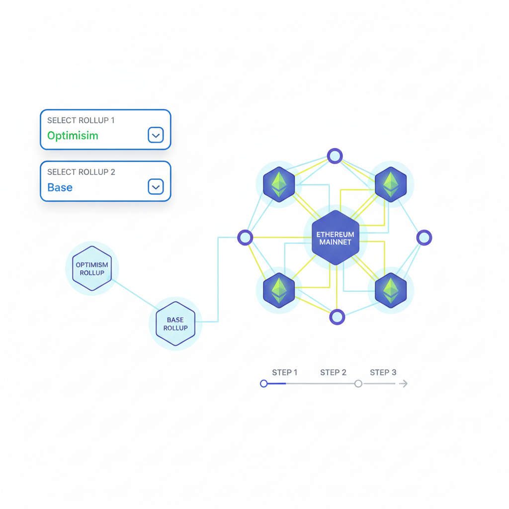dropdown menus selecting Ethereum rollups like Optimism and Base, interconnected nodes glowing, blockchain network visualization