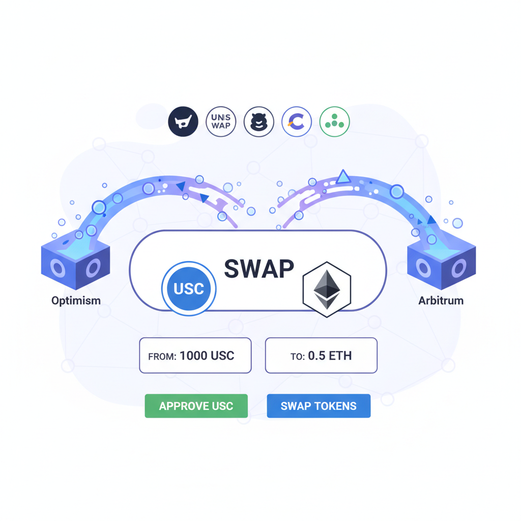 token swap interface with USDC and ETH icons, DEX logos, flowing liquidity streams between rollups