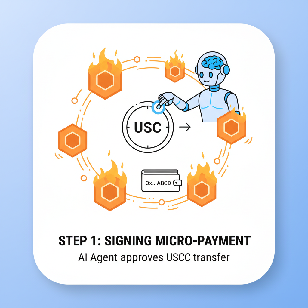 AI agent signing blockchain transaction USDC micropayment arrow to wallet address fiery orange blockchain nodes