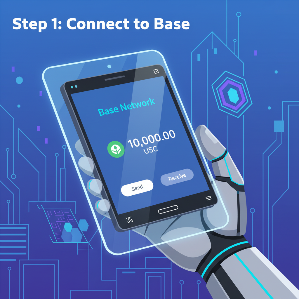 sleek Coinbase wallet interface on Base blockchain network with USDC balance AI agent hand holding it cyberpunk