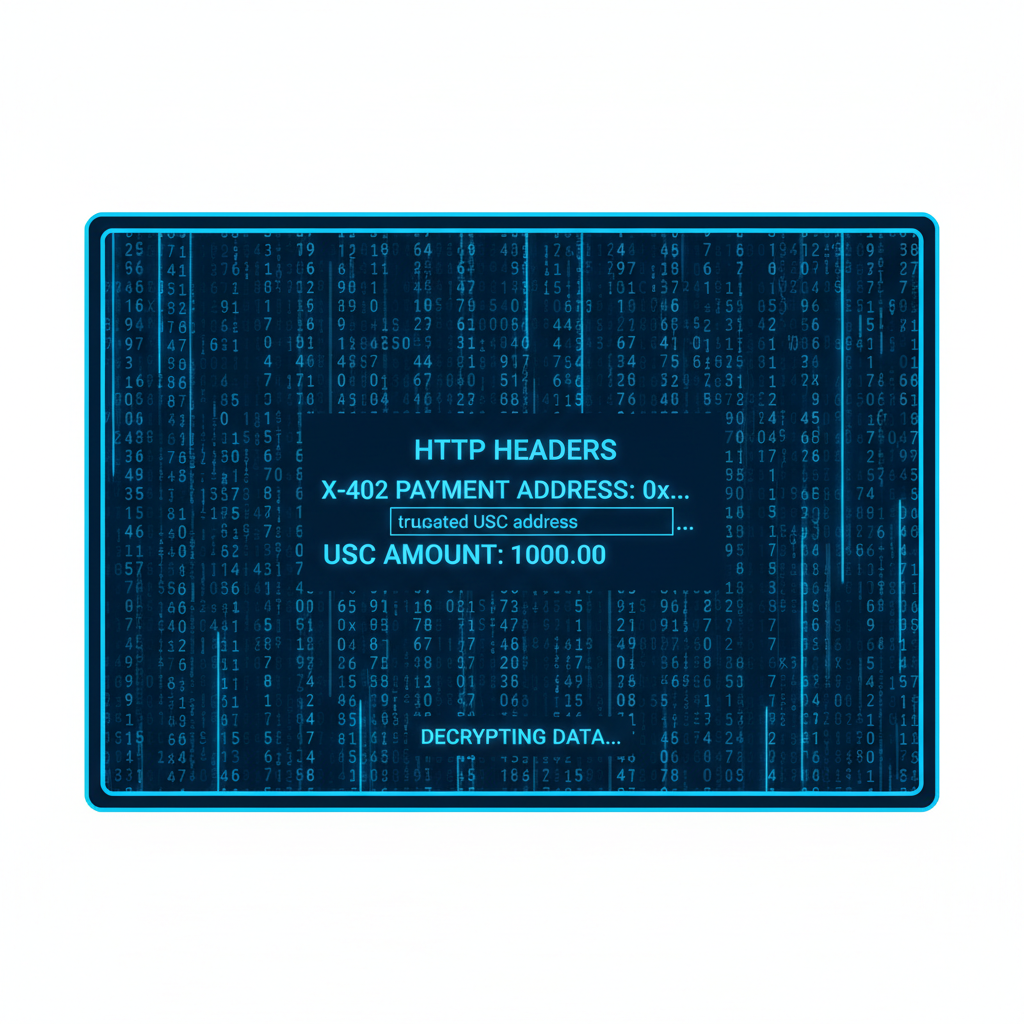 digital code screen parsing HTTP headers X402 payment address USDC amount glowing blue matrix style