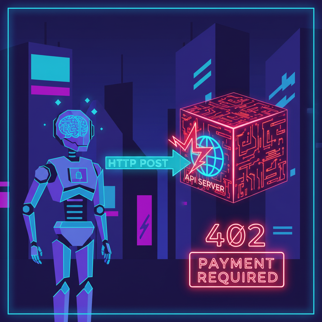 futuristic AI agent robot sending HTTP request arrow to glowing API server returning 402 error code neon cyberpunk style