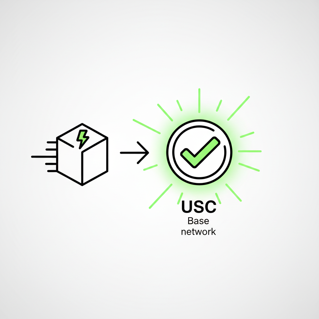 blockchain transaction broadcasting lightning fast confirmation checkmark USDC on Base network vibrant green