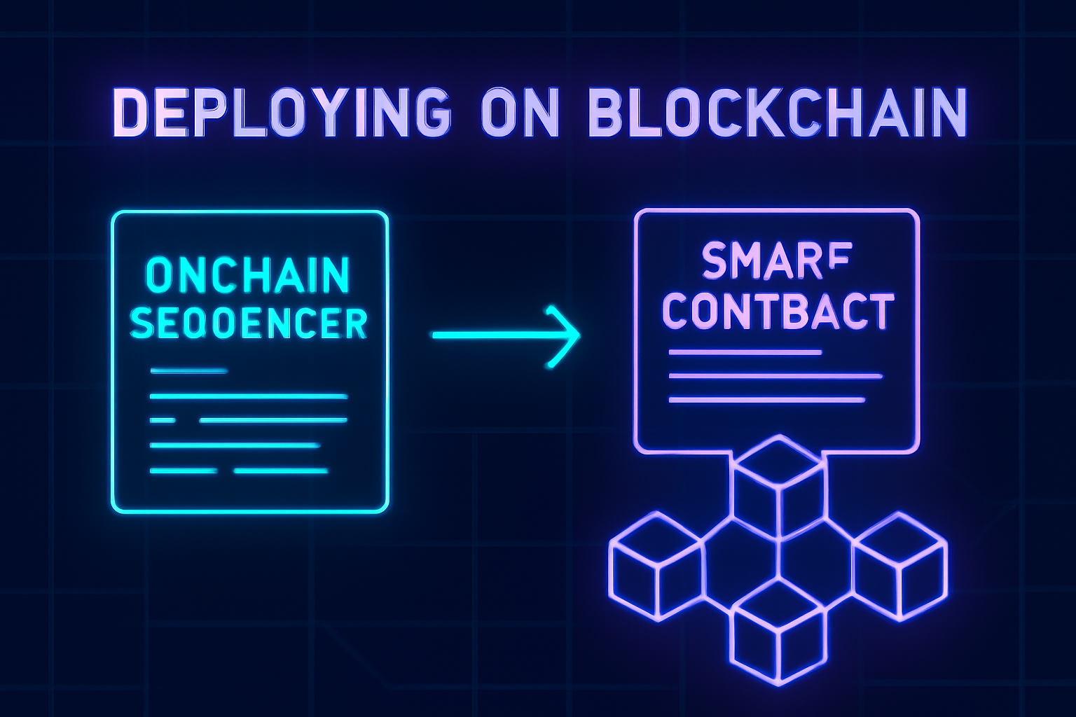futuristic onchain sequencer smart contracts deploying on blockchain, glowing code, neon blues and purples, technical diagram style
