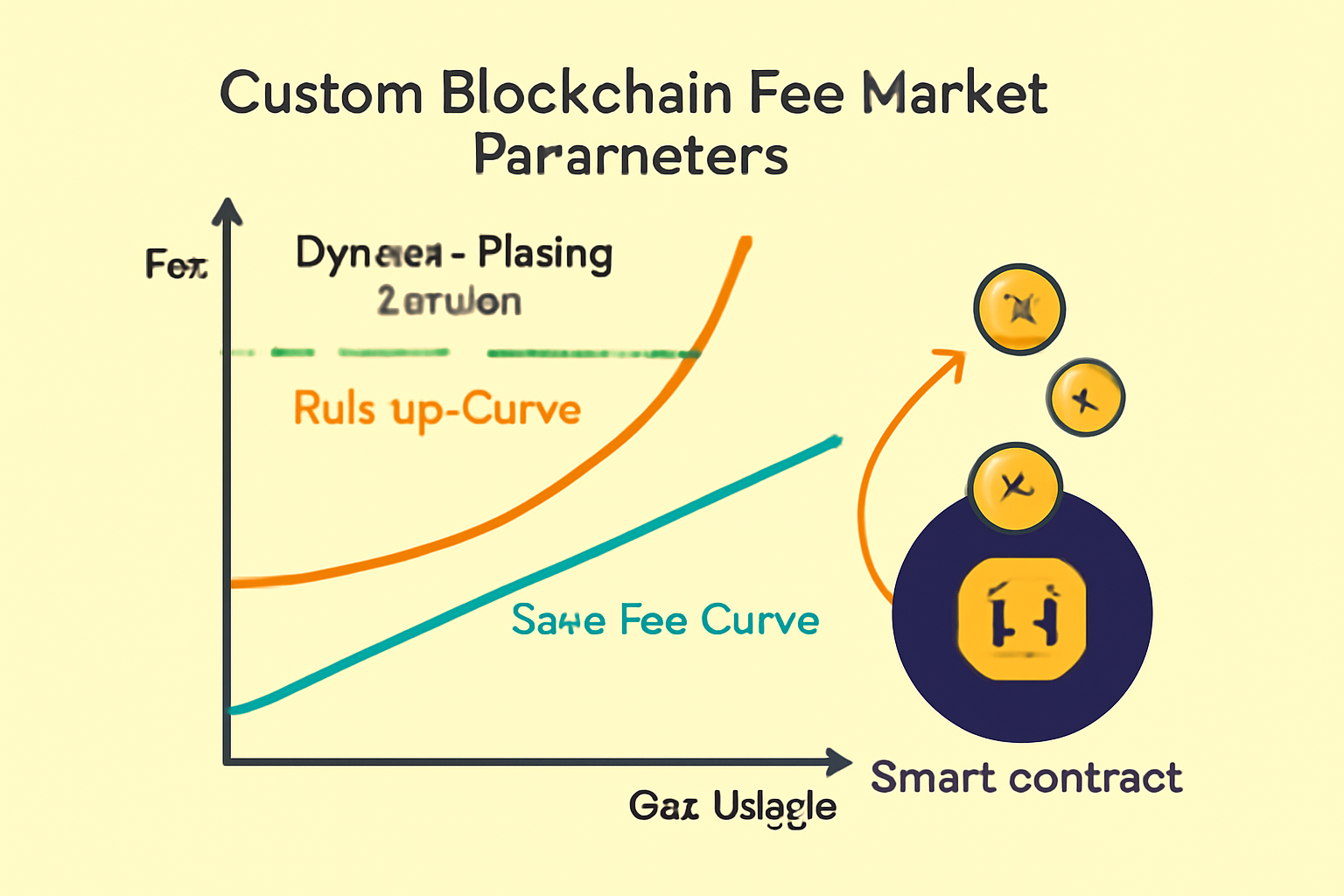custom blockchain fee market parameters graph, dynamic pricing curves, coins flowing into smart contracts, vibrant economic visualization