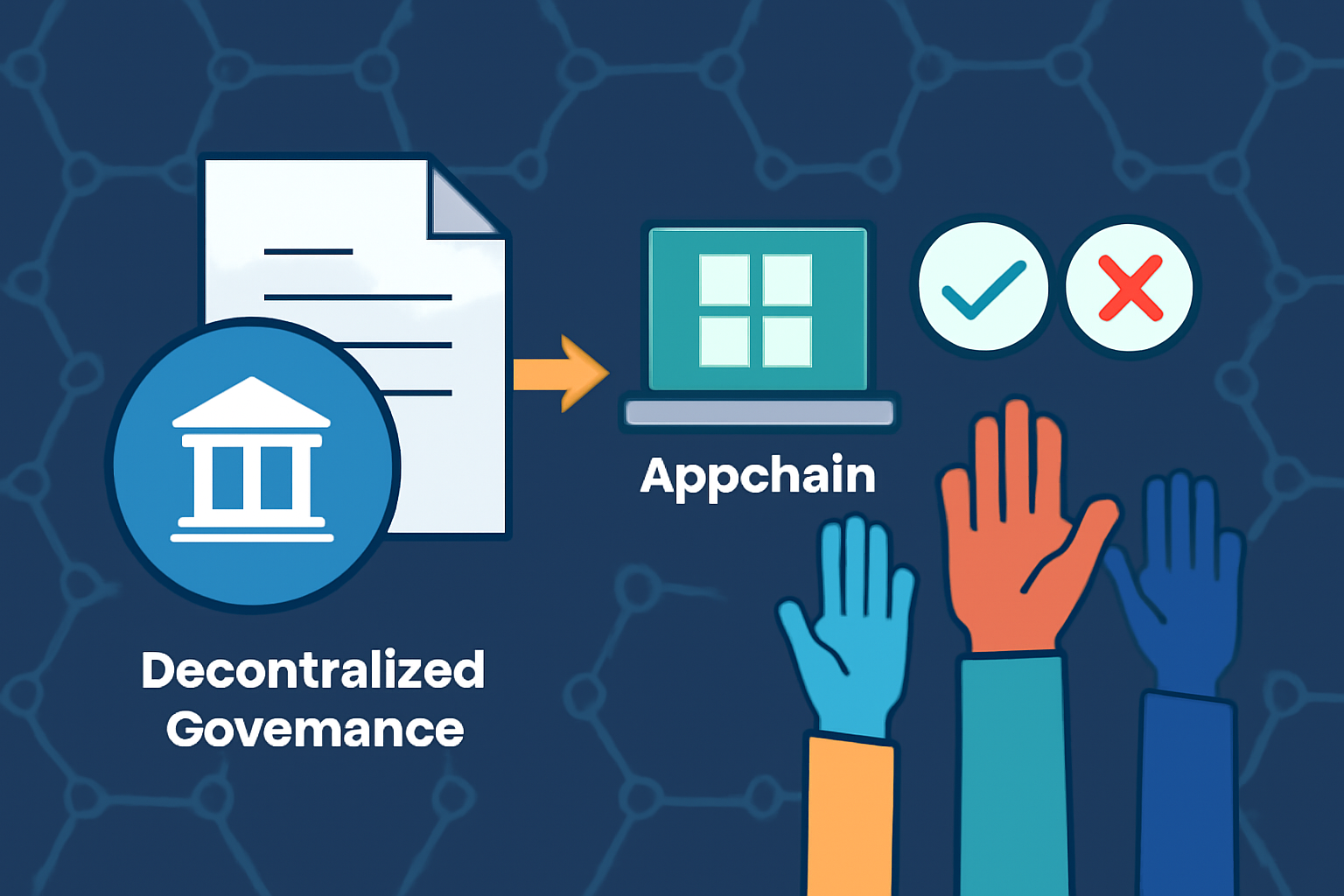 decentralized governance contracts deploying on appchain, voting icons, community hands raising, blockchain network background