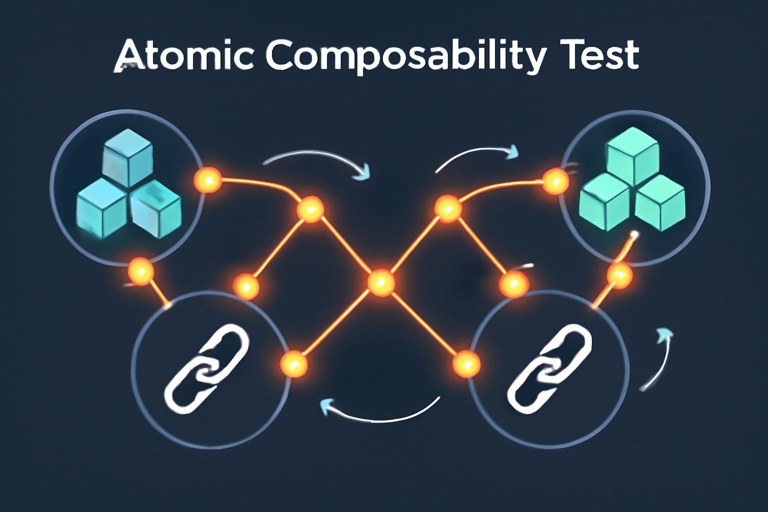 atomic composability test on blockchain chains linking seamlessly, glowing atomic bonds, transaction flows connecting networks