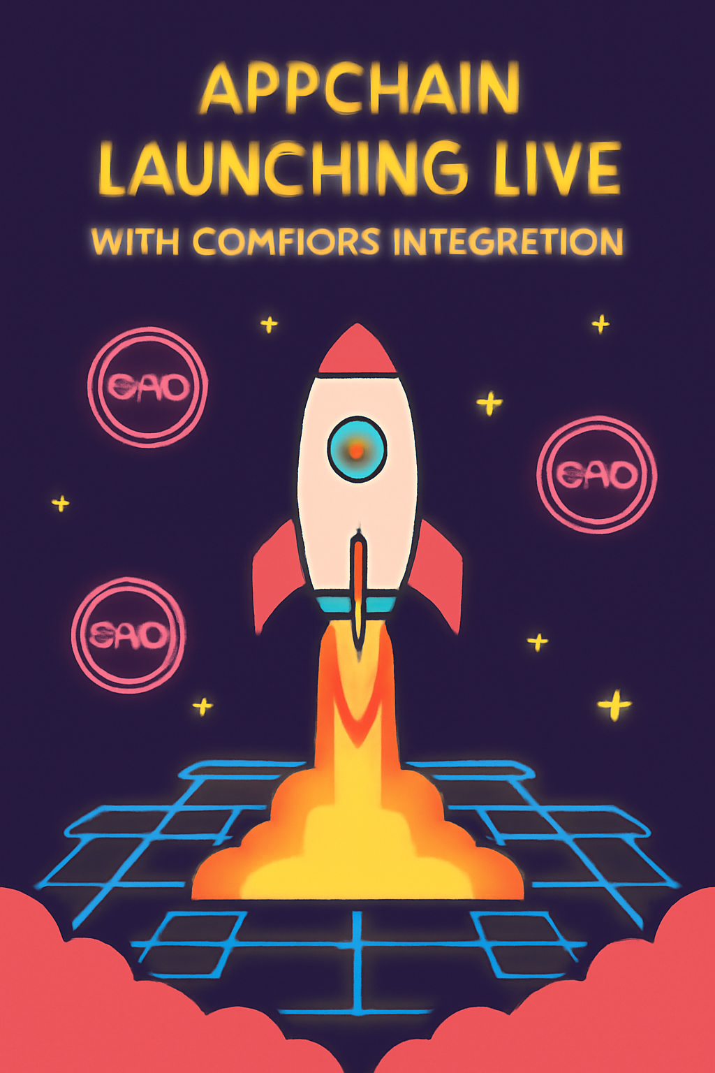 appchain launching live with Commons integration, rocket blasting off blockchain, SYND tokens orbiting, celebratory neon launch scene