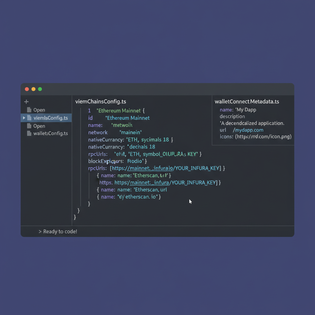 code editor with viem chains config and walletconnect metadata object, dark theme