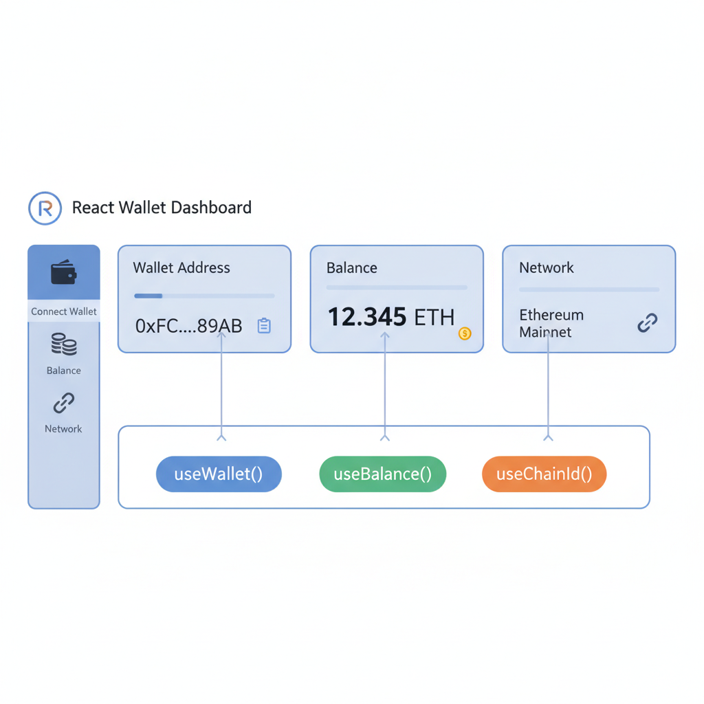 react hooks displaying wallet address balance chain info, dashboard UI
