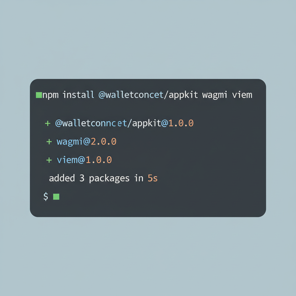 terminal window installing walletconnect appkit wagmi viem packages, code syntax highlight