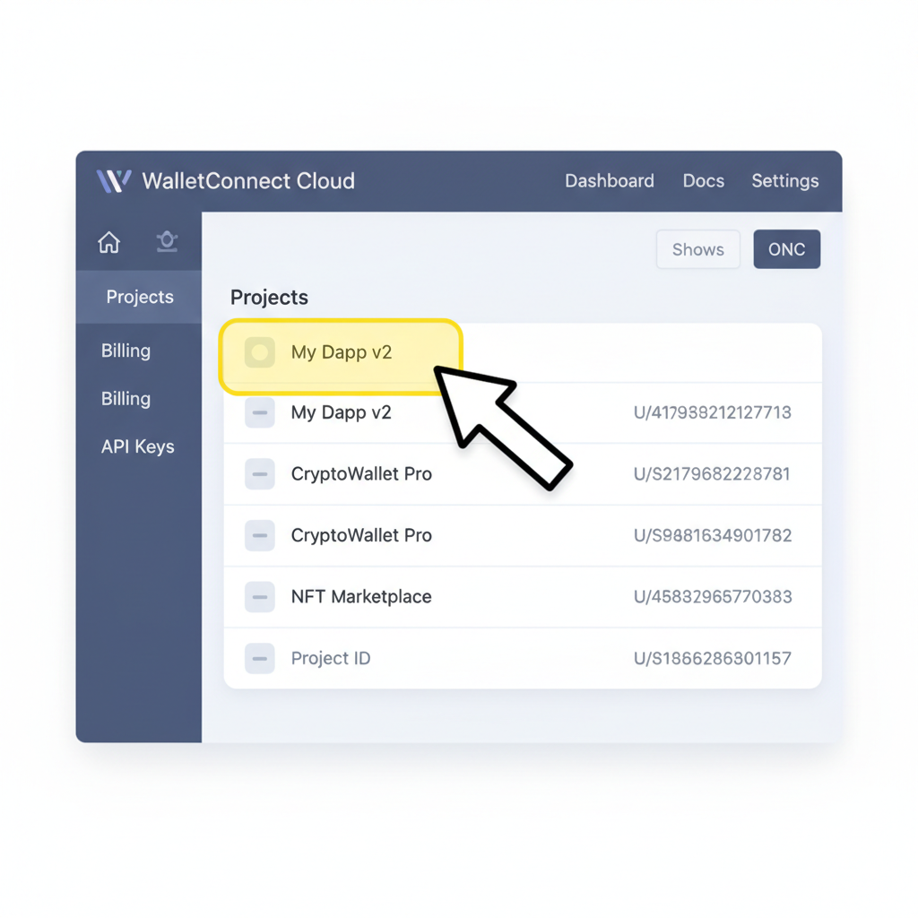 walletconnect cloud dashboard with project id highlighted, clean UI, developer screen