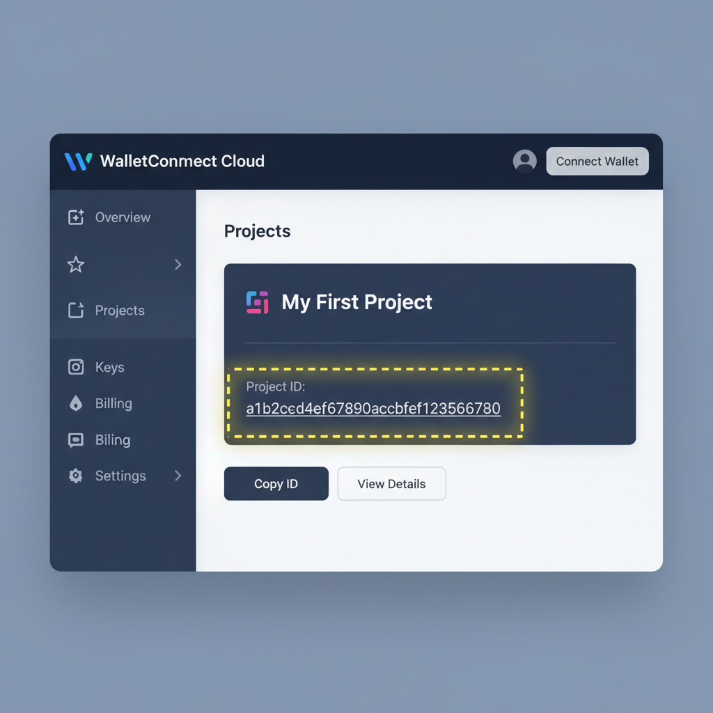 WalletConnect Cloud dashboard screenshot with Project ID highlighted, clean UI, professional web3 interface