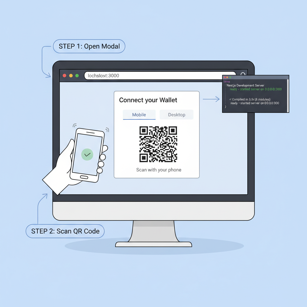 browser testing walletconnect modal scan QR code, next.js dev server