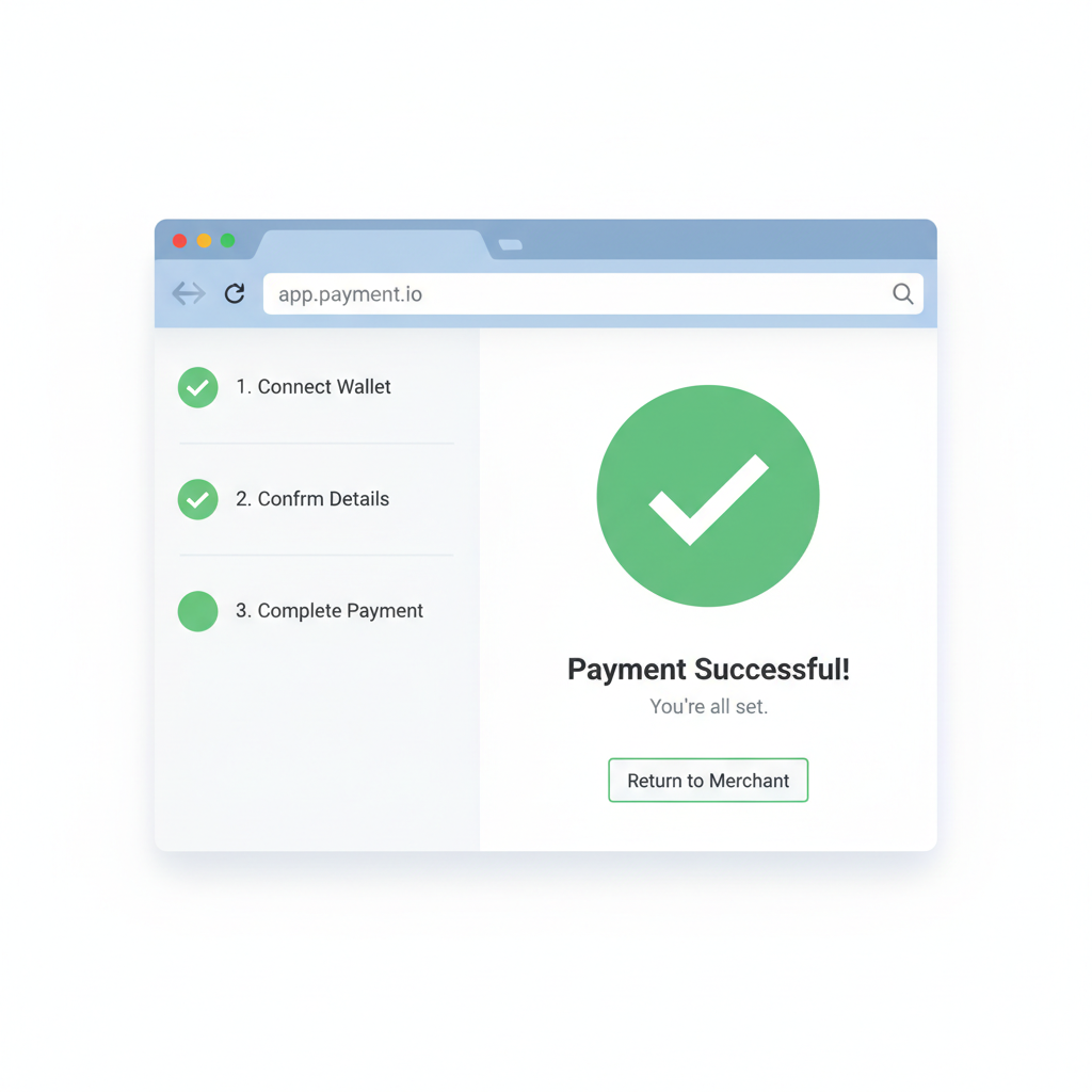 Next.js app browser preview with successful WalletConnect Pay SDK payment flow, modal-free UI, green checkmark confirmation