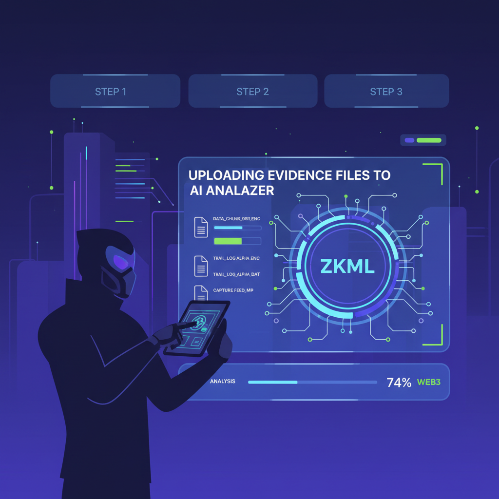 bounty hunter dashboard uploading evidence files to AI analyzer, web3 interface, zkml circuits glowing, technical cyberpunk