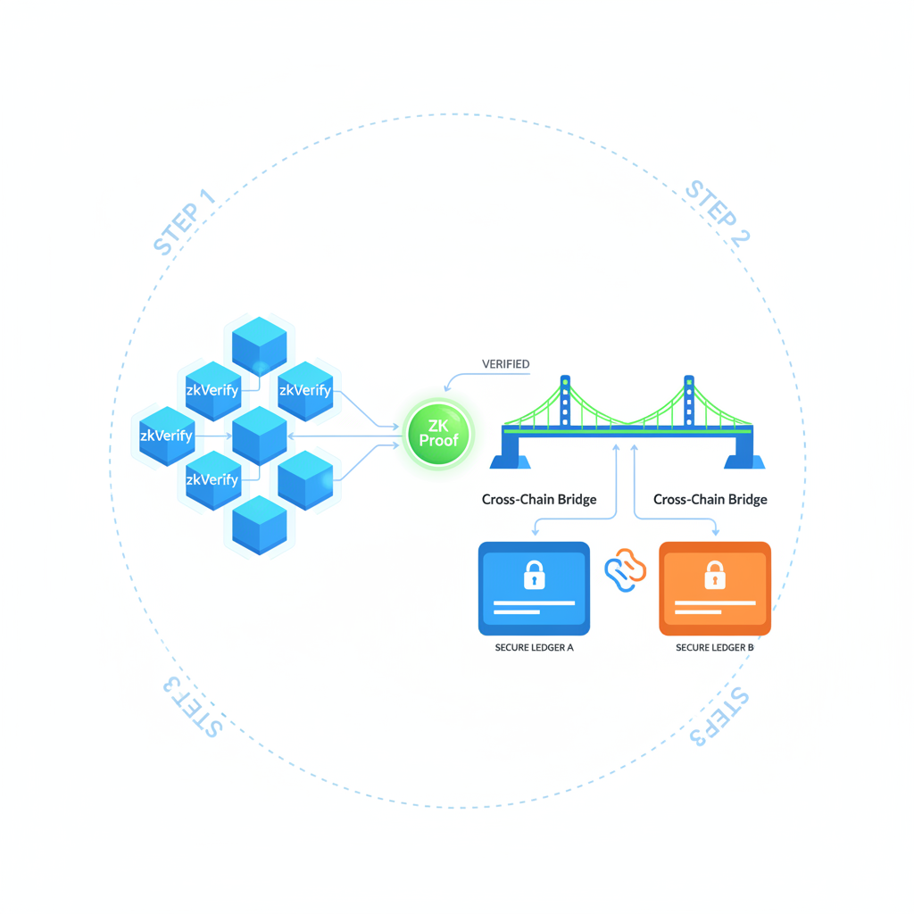 zkVerify blockchain nodes verifying ZK proof, cross-chain bridges, secure ledger visualization