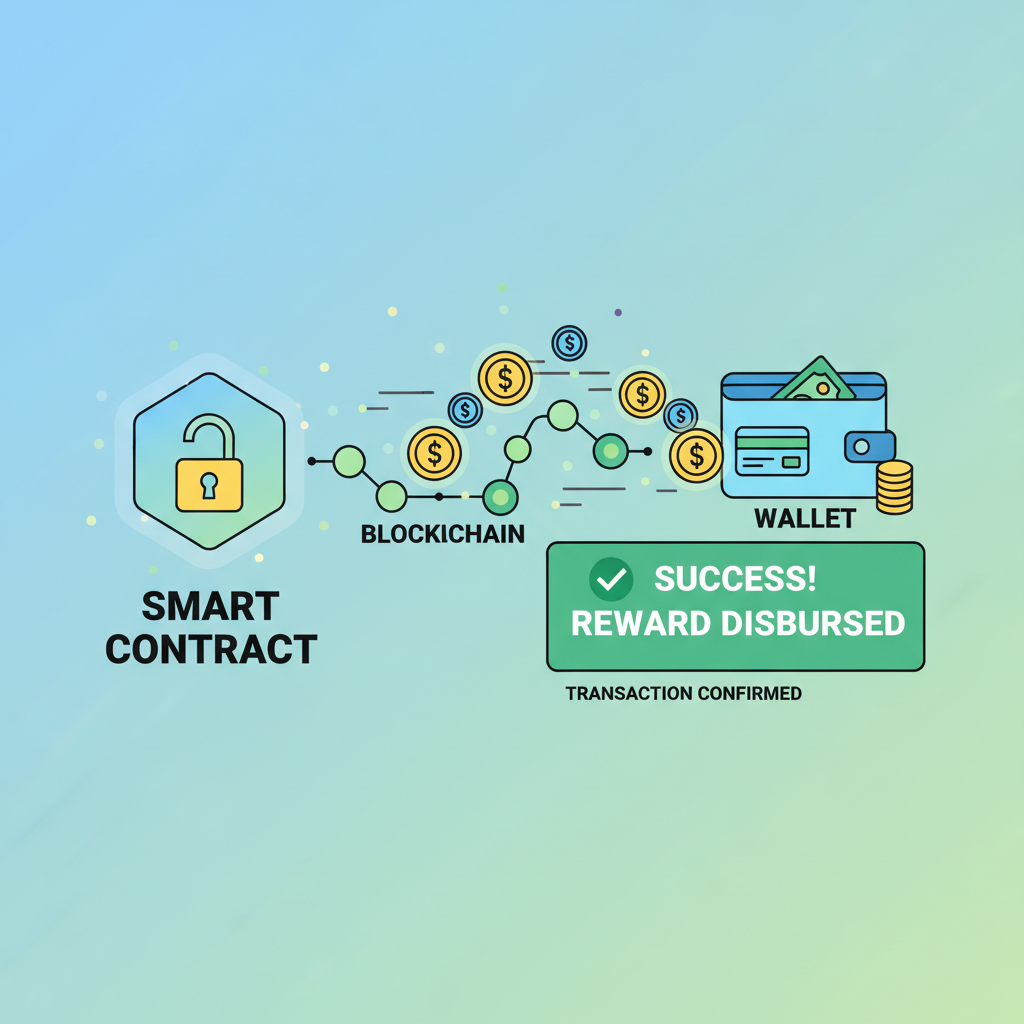 smart contract disbursing crypto rewards to wallet, tokens flowing on blockchain, success confirmation screen