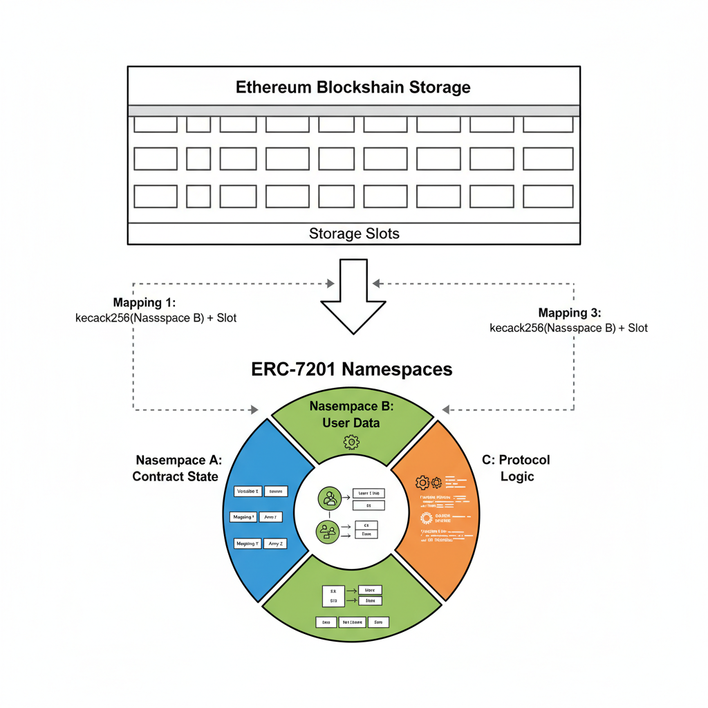 ERC-7201 storage namespace diagram, Ethereum blockchain slots organized by namespaces, clean technical illustration