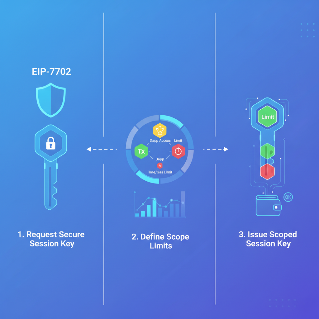 issuing a secure scoped session key for EIP-7702, digital key with scope limits visualized, futuristic crypto style
