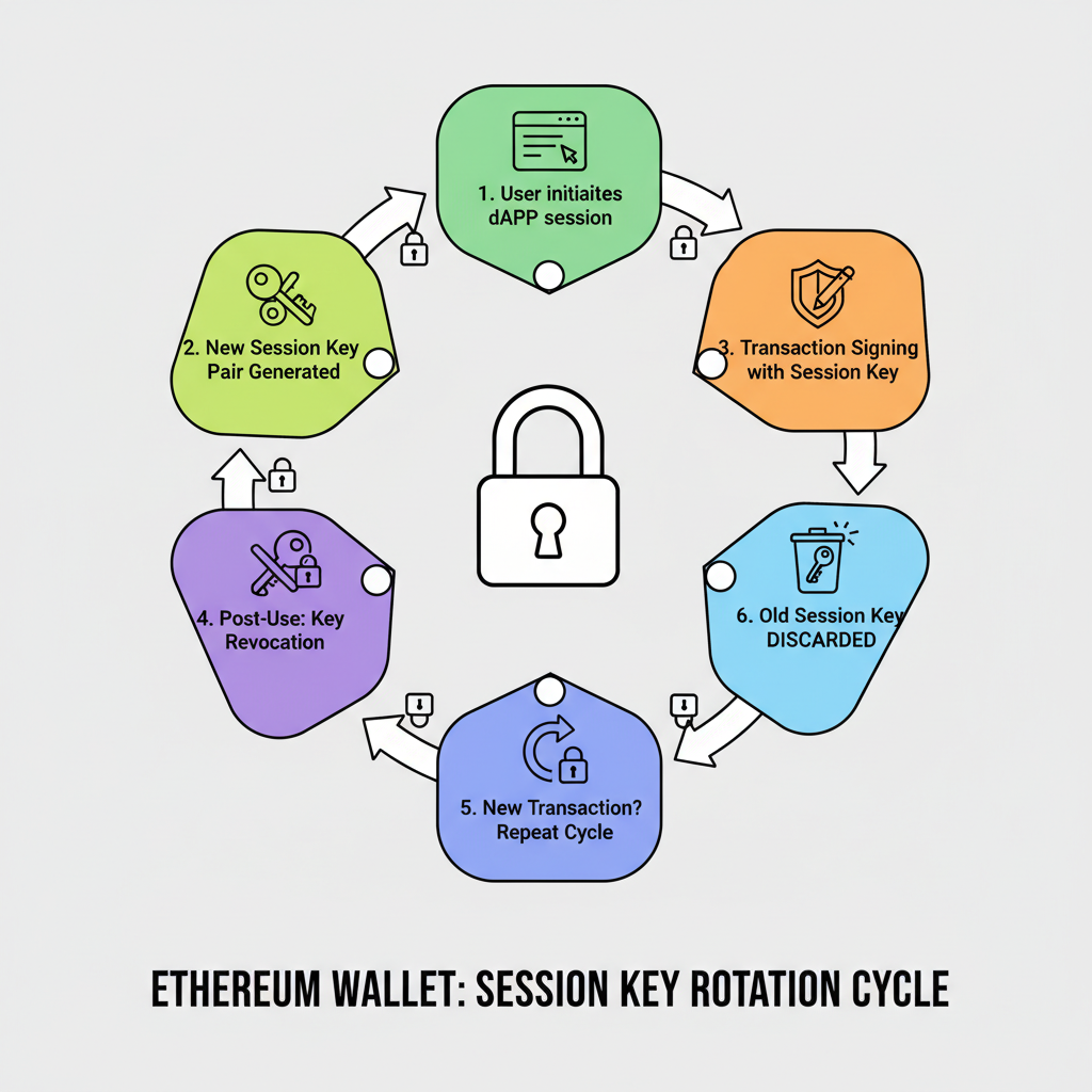 session key rotation cycle post-use, Ethereum wallet security process, arrow cycle diagram with locks