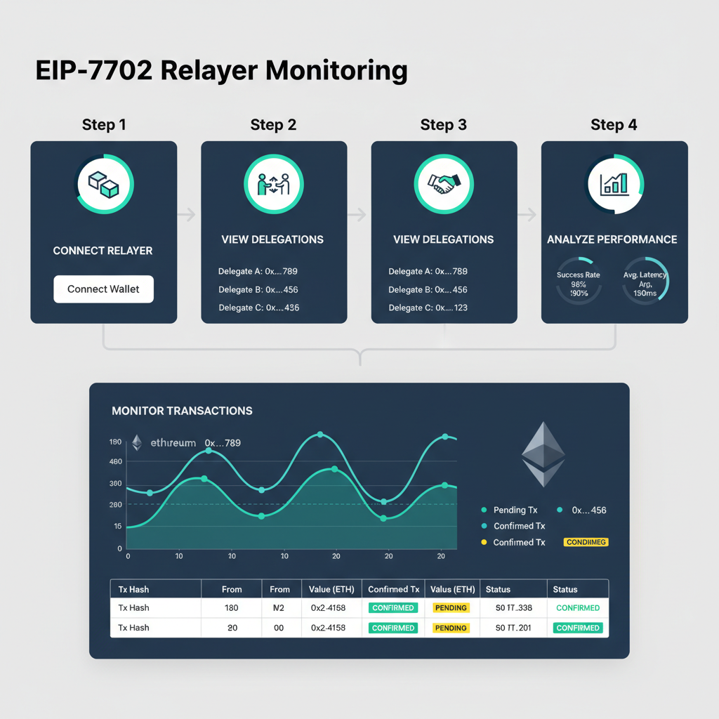 relayer monitoring dashboard for EIP-7702 delegations, real-time Ethereum transaction graphs, professional UI