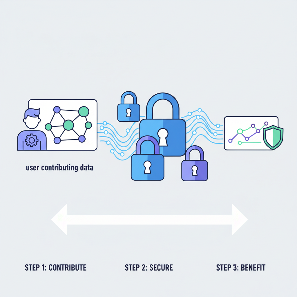 user contributing data graph, lock icons for privacy, flowing data streams