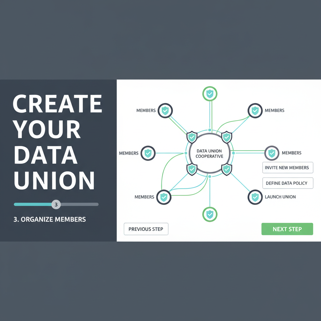 data union creation screen, network graph of members, privacy shield icons