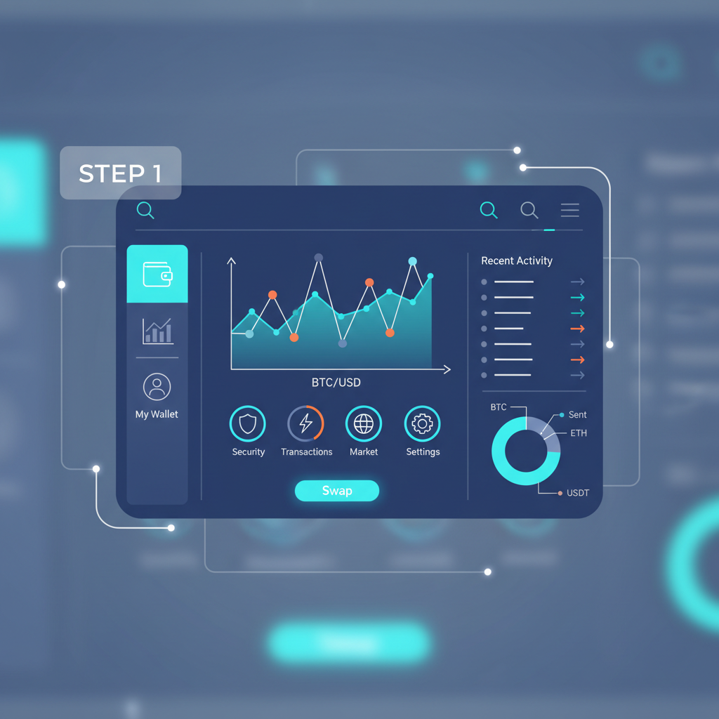 sleek crypto wallet interface dashboard, charts and union icons, futuristic UI