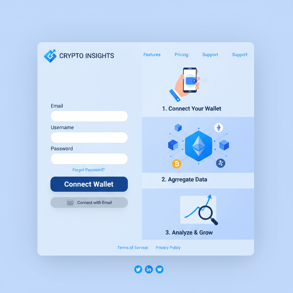 clean modern website signup page for crypto data platform, blue tones, wallet connect button