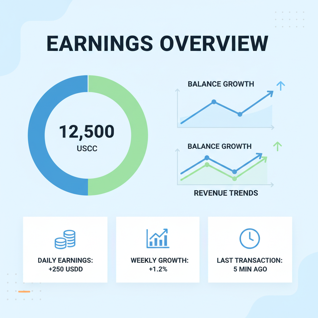 earnings dashboard with USDC balance charts, growth lines, clean analytics
