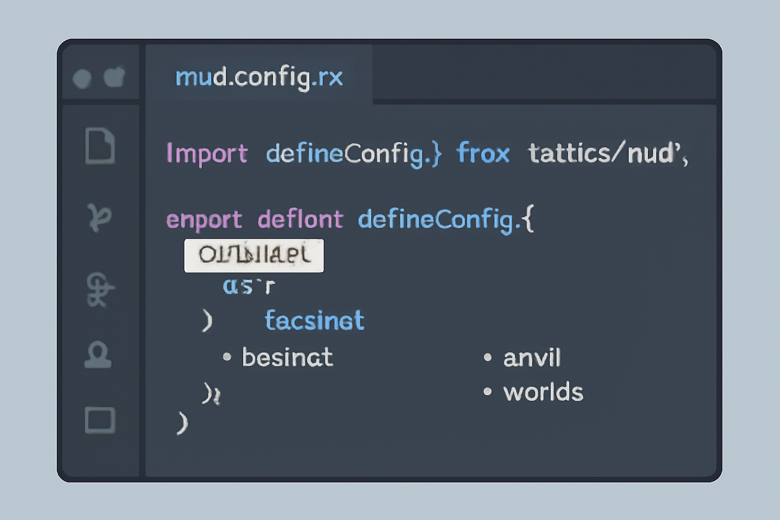 Code editor open with 'mud.config.ts', highlighting game entities and testnet selection options.
