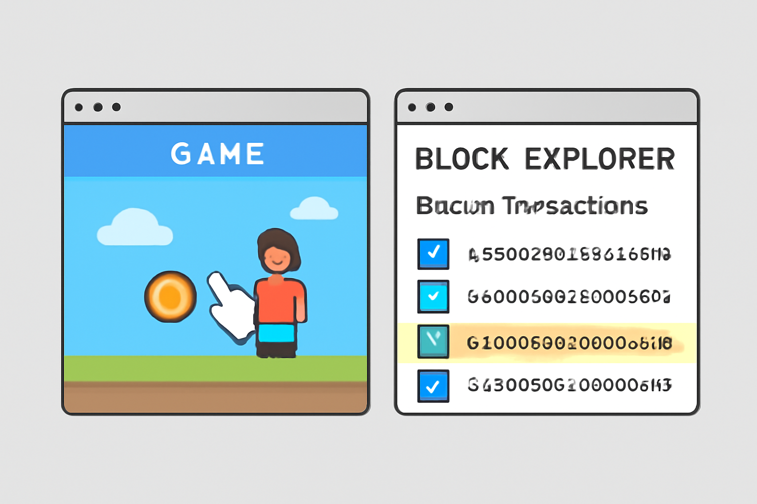 Game window open with player interacting, alongside a block explorer showing recent transactions.