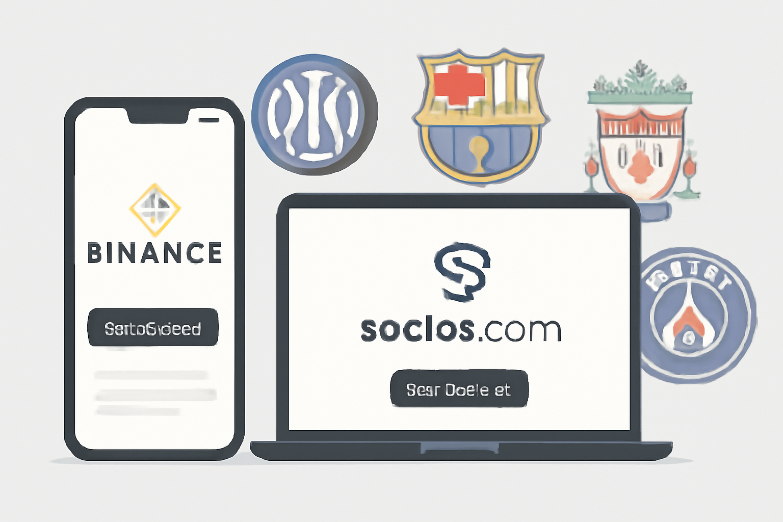 A smartphone and laptop displaying the Binance and Socios.com homepages side by side, with soccer club logos in the background, clean and modern style
