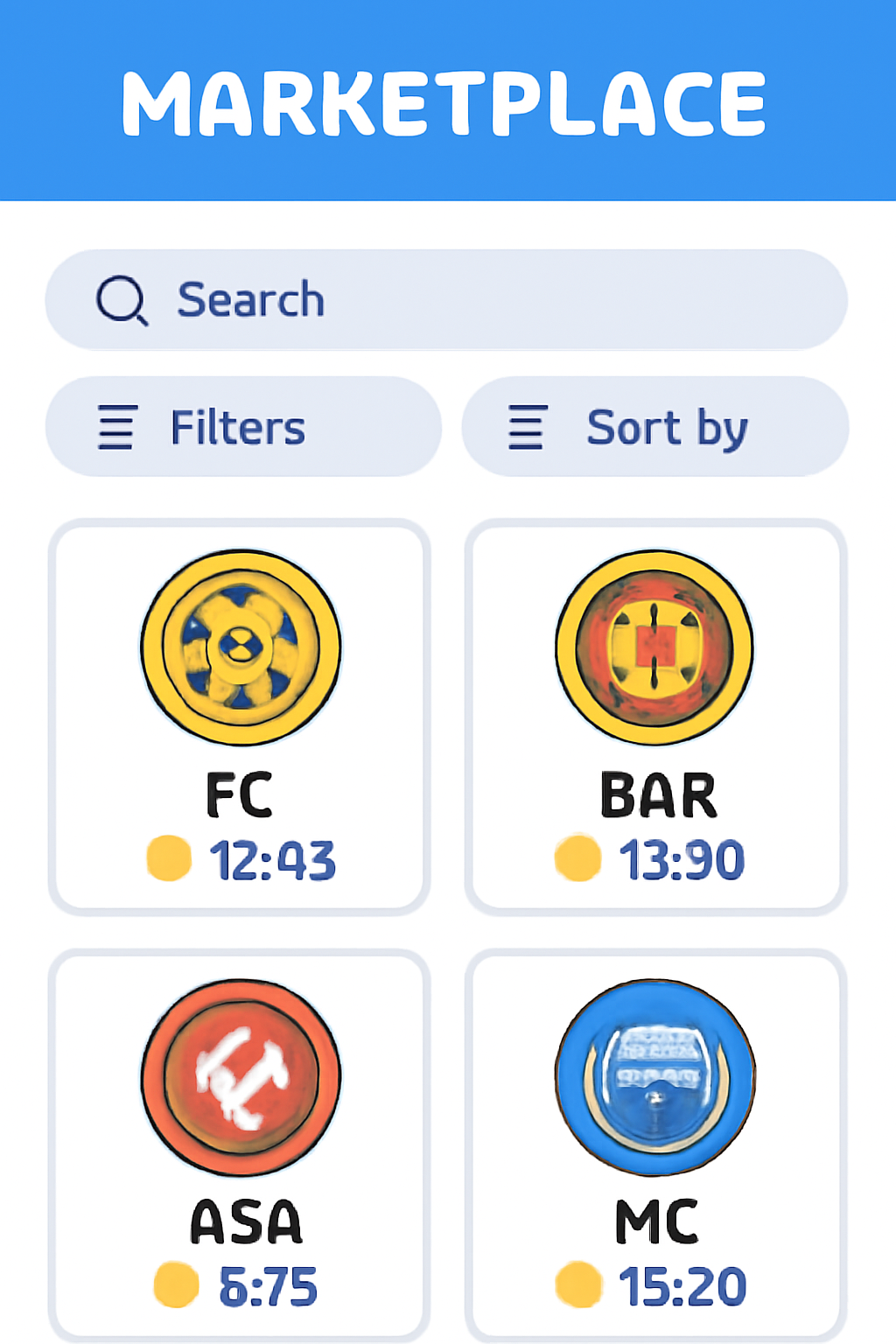 A digital marketplace interface with soccer club tokens, search bar, and filter options, vibrant and user-friendly