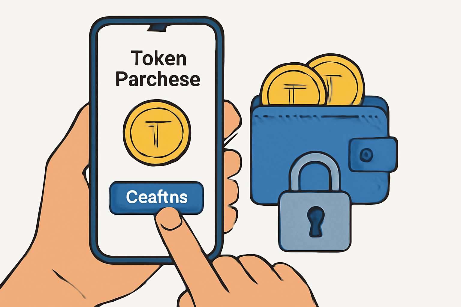A user confirming a token purchase on a mobile app, with tokens appearing in a secure wallet, lock icon, modern style
