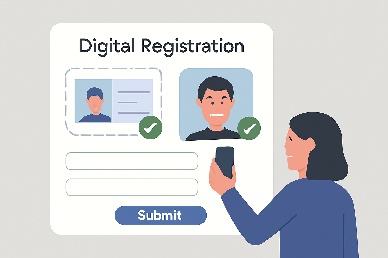 A user uploading an ID card and selfie on a digital registration form, with verification checkmarks, modern UI, clear focus