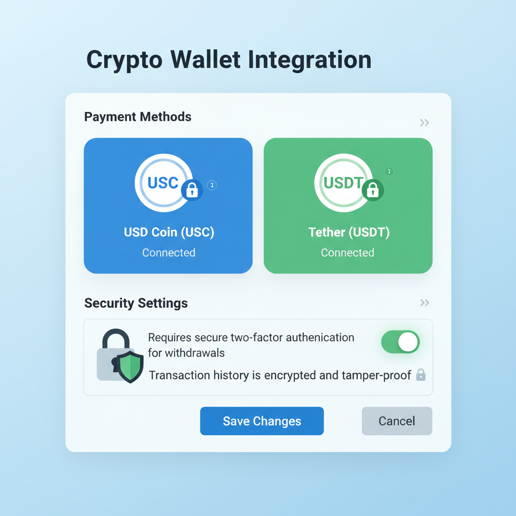Shopify settings page configuring crypto wallets, icons of USDC USDT, secure lock symbols