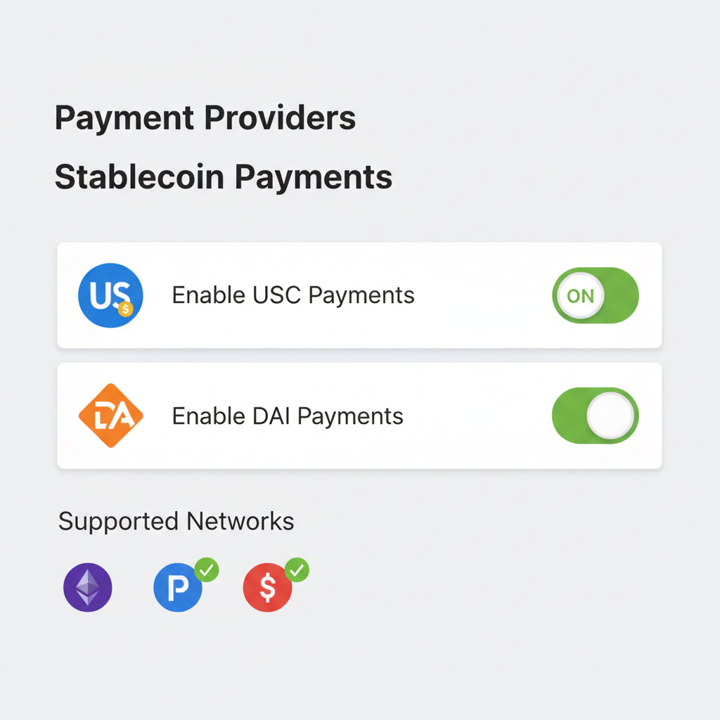Shopify checkout settings enabling stablecoin payments, toggles and currency icons