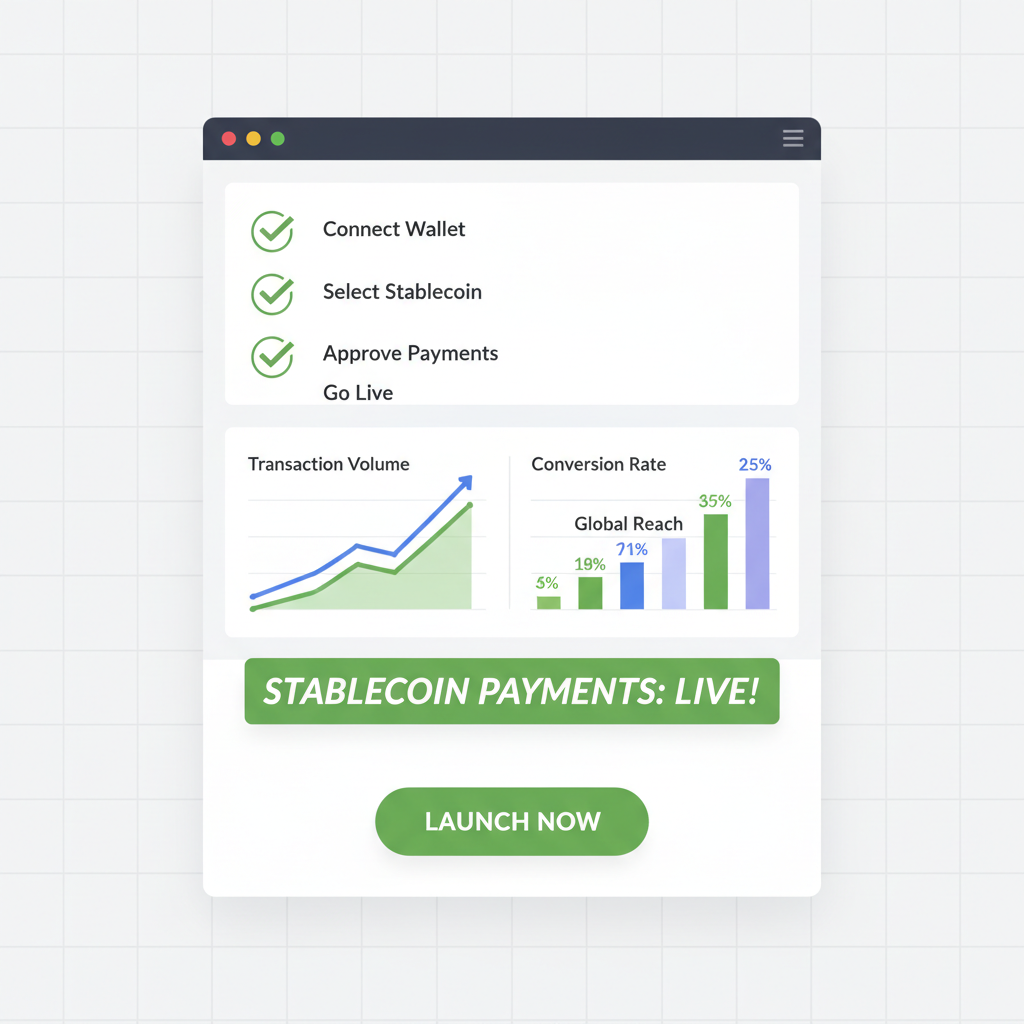 Shopify dashboard going live with stablecoin payments, green checkmarks and graphs