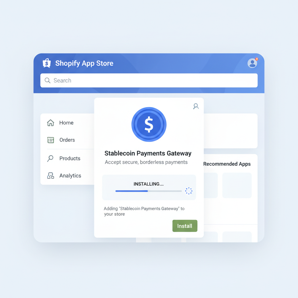 Shopify app store screen installing stablecoin plugin, clean dashboard UI, blue tones