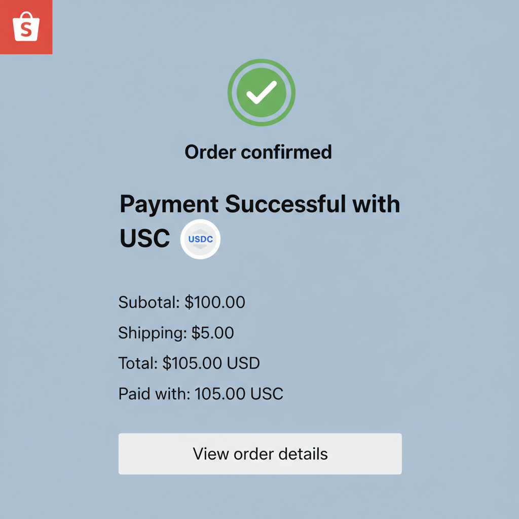 Testing crypto transaction on Shopify checkout, success screen with USDC confirmation