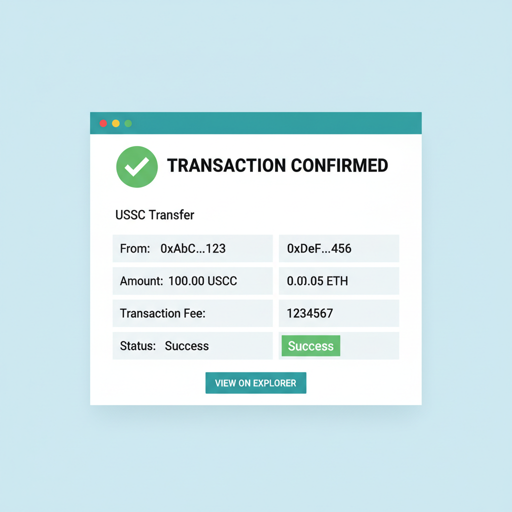 blockchain explorer screen confirming USDC transaction with green success