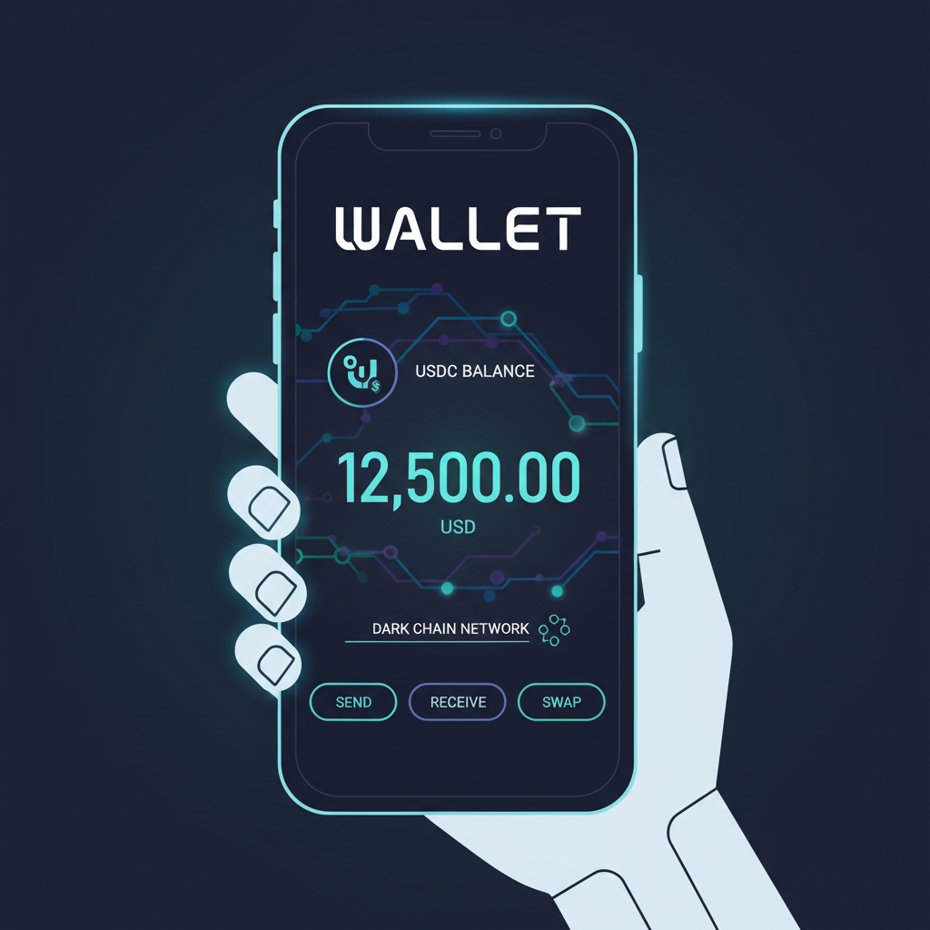 futuristic wallet app interface on phone showing USDC balance on dark chain network