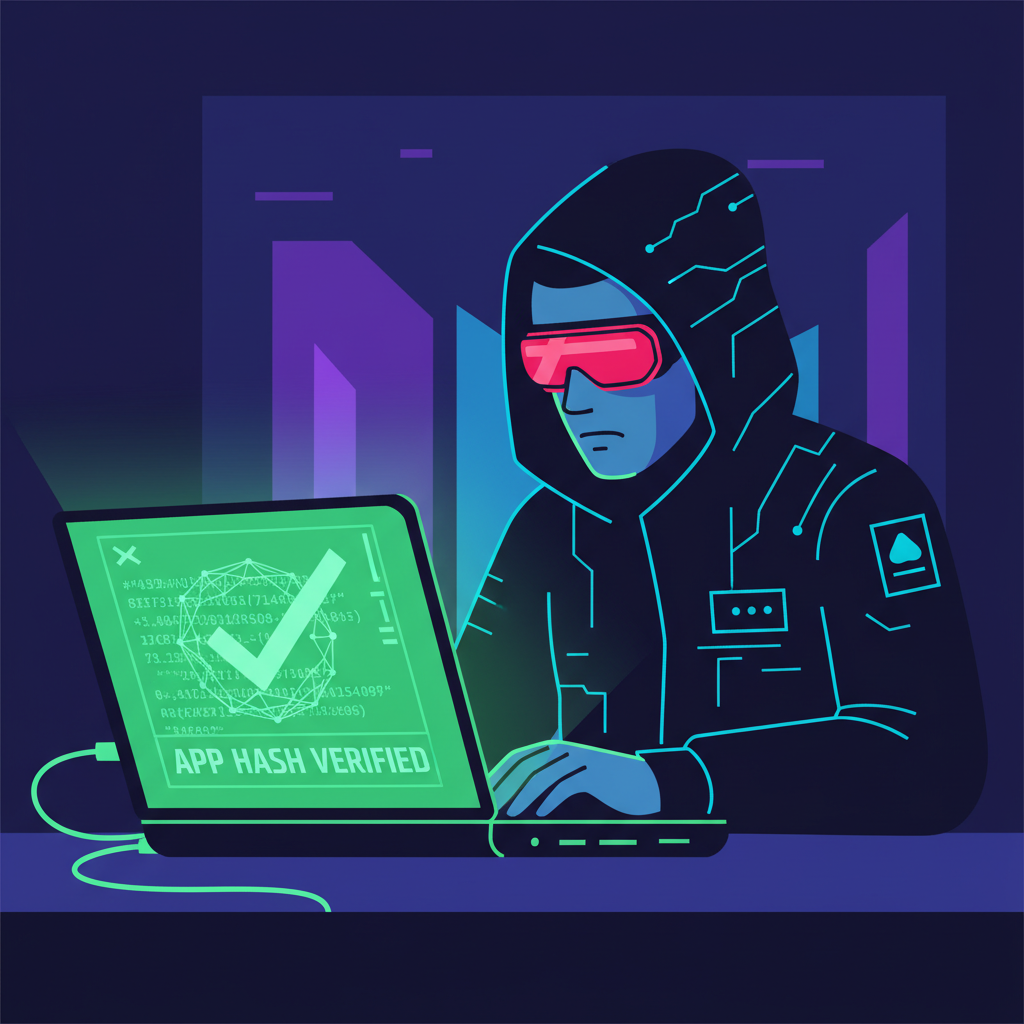 cyberpunk hacker verifying app hash on laptop screen glowing green checkmark