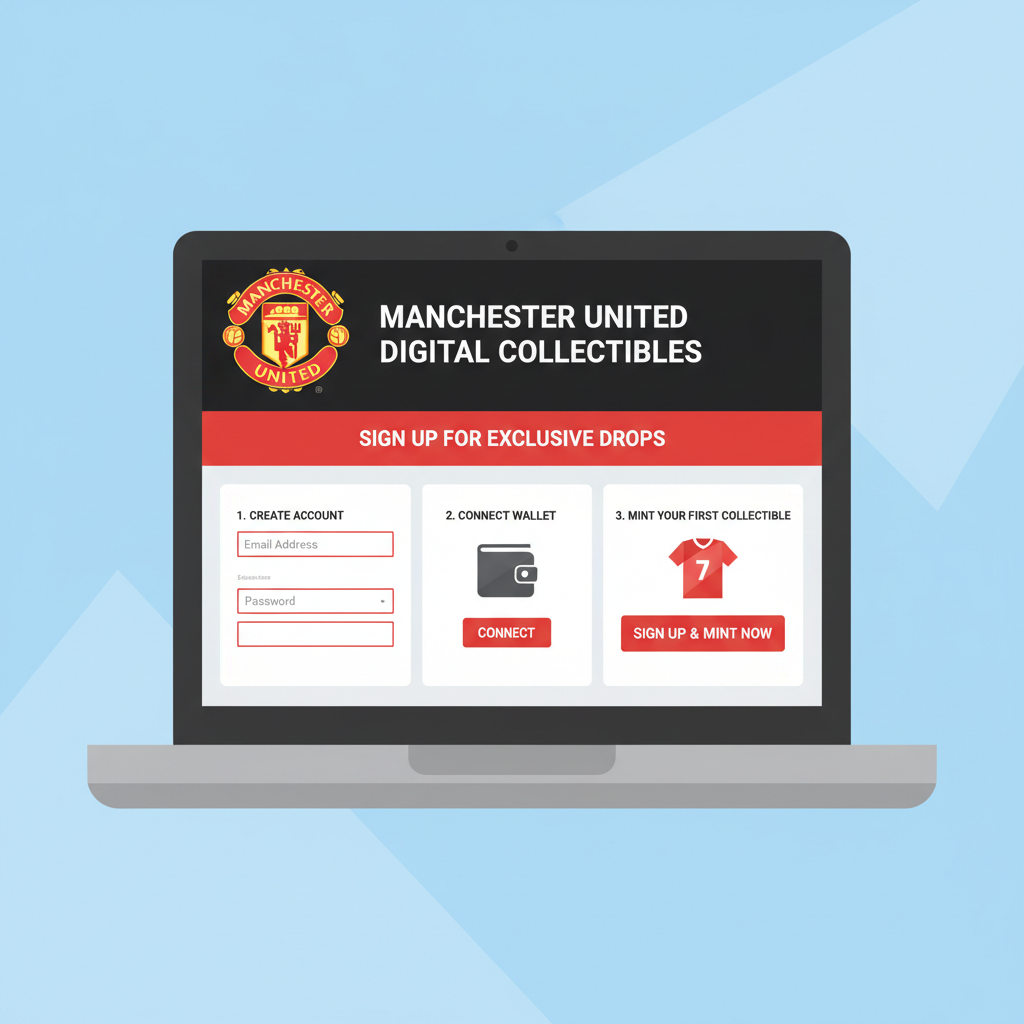 laptop displaying Manchester United digital collectibles signup page